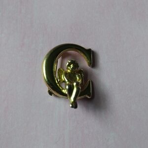 Vintage L Razza Gold Tone Letter C and Angel Brooch.